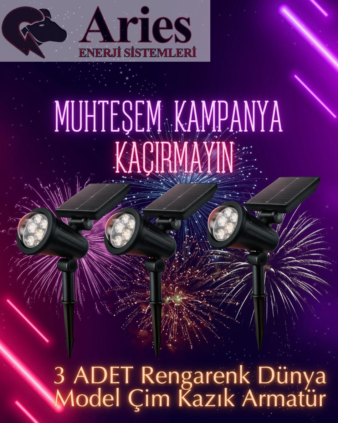 3 ADET 75W RENGARENK  PROFESYONEL  DÜNYA MODEL  GÜNEŞ ENERJİLİ ÇİM KAZIK ARMATÜR