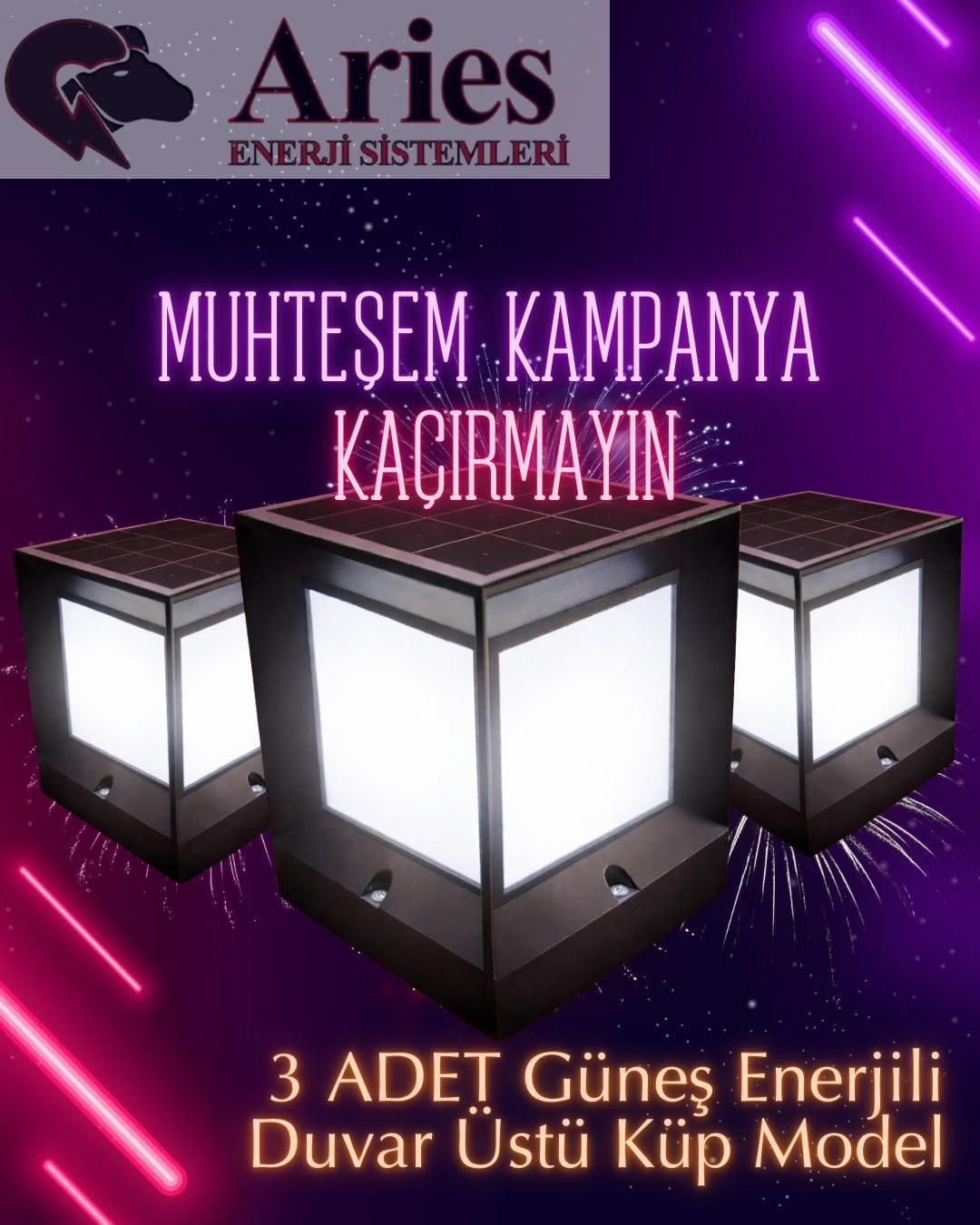 3 ADET 100W DUVAR ÜSTÜ PROFESYONEL  KÜP MODEL GÜNEŞ ENERJİLİ ARMATÜR