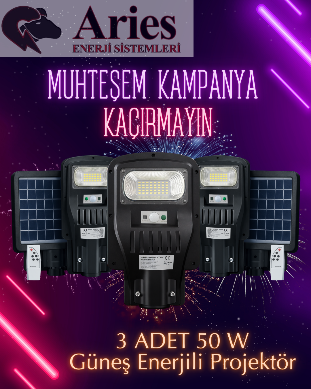 3 ADET 50W PROFESYONEL GÜNEŞ ENERJİLİ ARMATÜR